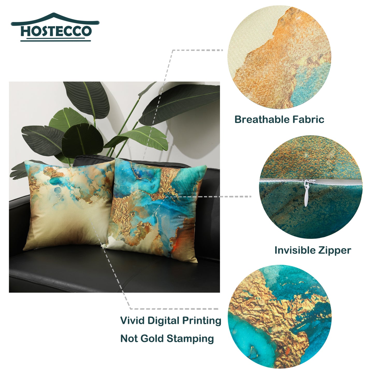 Gold Abstract Pillow Covers Set of 4 18x18 inches Turquoise and Gold Modern Cushion Covers