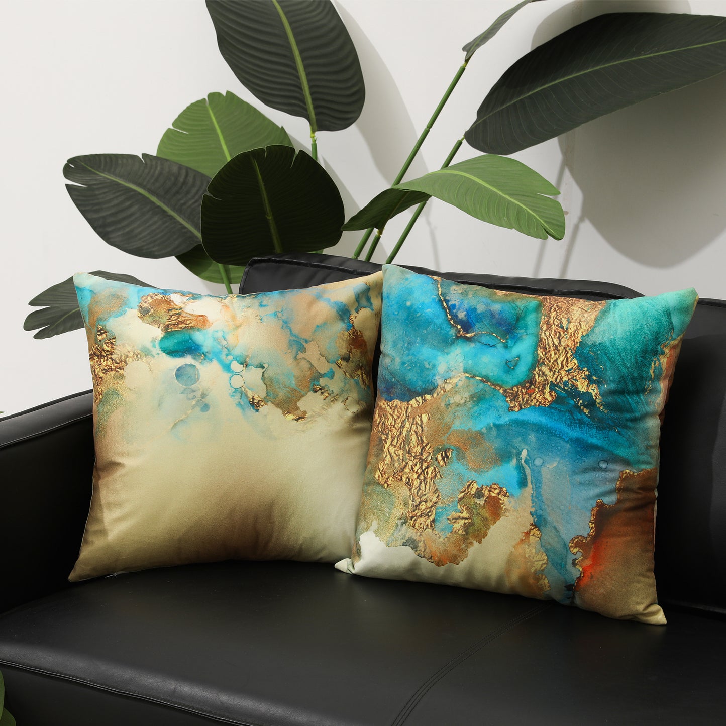 Gold Abstract Pillow Covers Set of 4 18x18 inches Turquoise and Gold Modern Cushion Covers