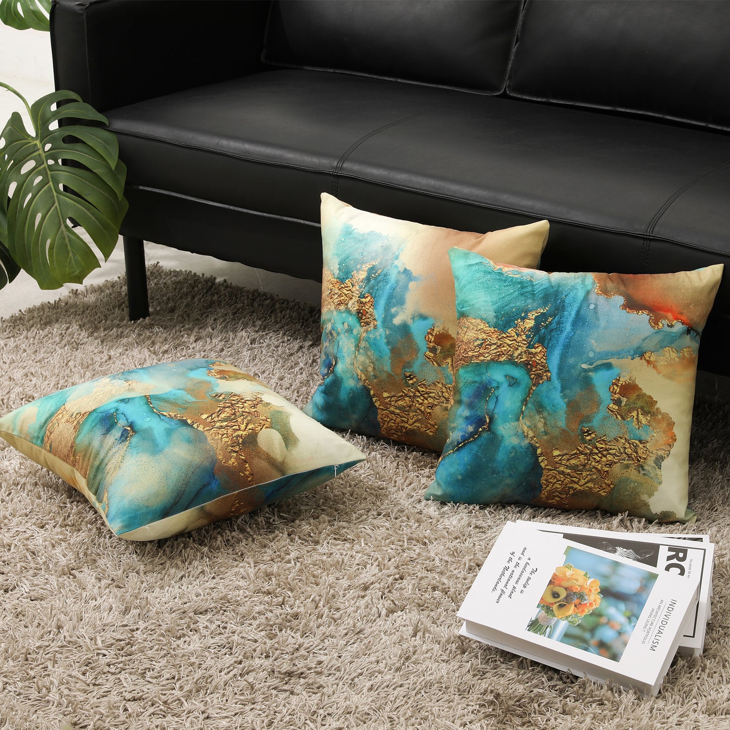 Gold Abstract Pillow Covers Set of 4 18x18 inches Turquoise and Gold Modern Cushion Covers