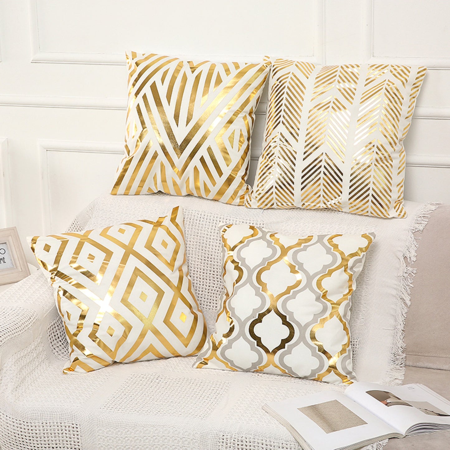 Gold Stamping Throw Pillow Covers Set of 4 Geometric Decorative Cushion Covers for Sofa Couch 18x18 inches