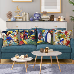 short-pile plush polyester pillow covers with colorful modern abstract art prints, styled on a teal sofa
