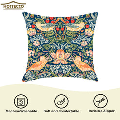 Hidden zipper and product feature view of short-pile plush polyester pillow cover with navy floral and bird print
