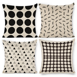 Set of four water-resistant linen-look polyester pillow covers with polka dots, squiggles, triangles and crosses