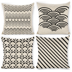 Set of four water-resistant linen-look polyester pillow covers with waves, scallops, leaves and diagonal stripes