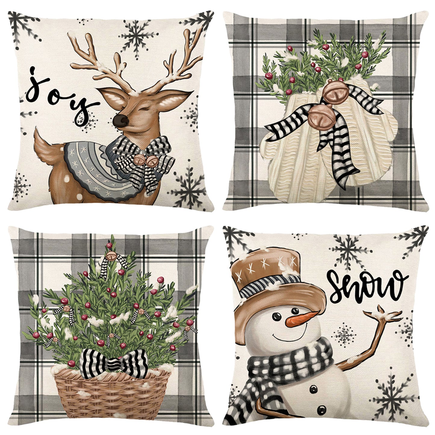 Grey Christmas Throw Pillow Covers 18x18 inch Winter Holiday Buffalo Plaid Xmas Cushion Covers