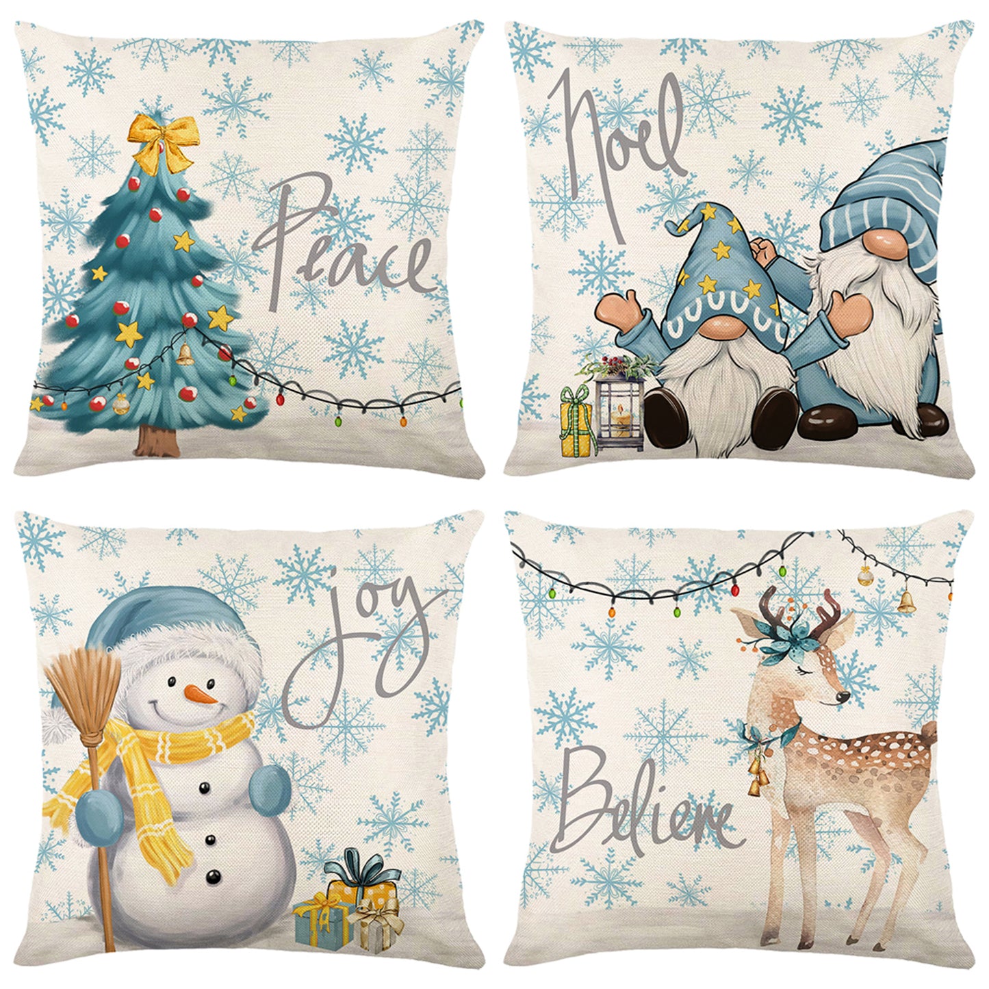 Blue Christmas Throw Pillow Covers 18x18 inch Set of 4 Winter Holiday Decorative Cushion Covers