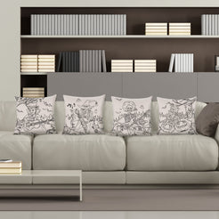 Short-pile plush polyester pillow covers with black line art Halloween characters, styled on a gray sofa