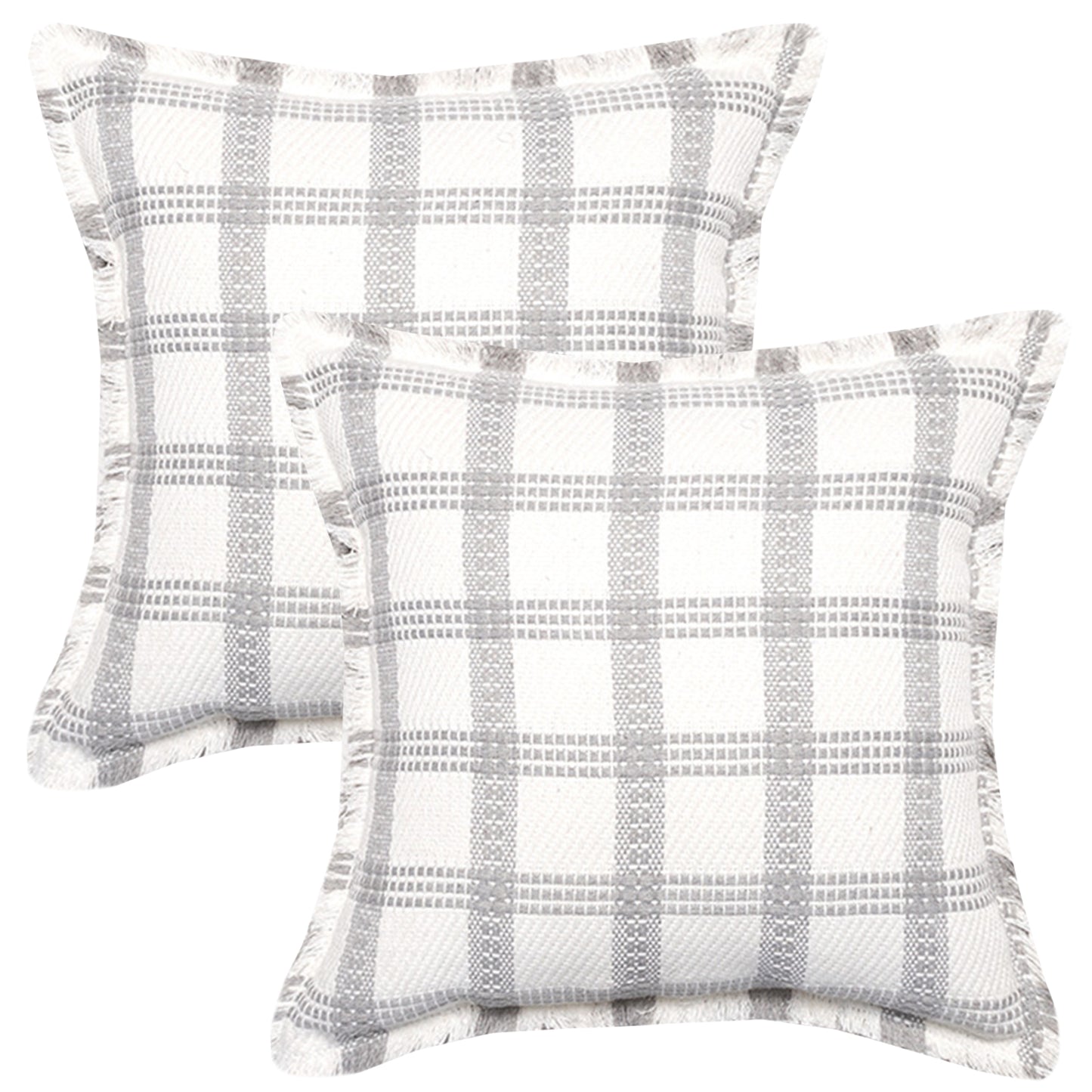 Neutral Plaid Pillow Covers 18x18 inch Set of 2 Tassel Decorative Cushion Covers