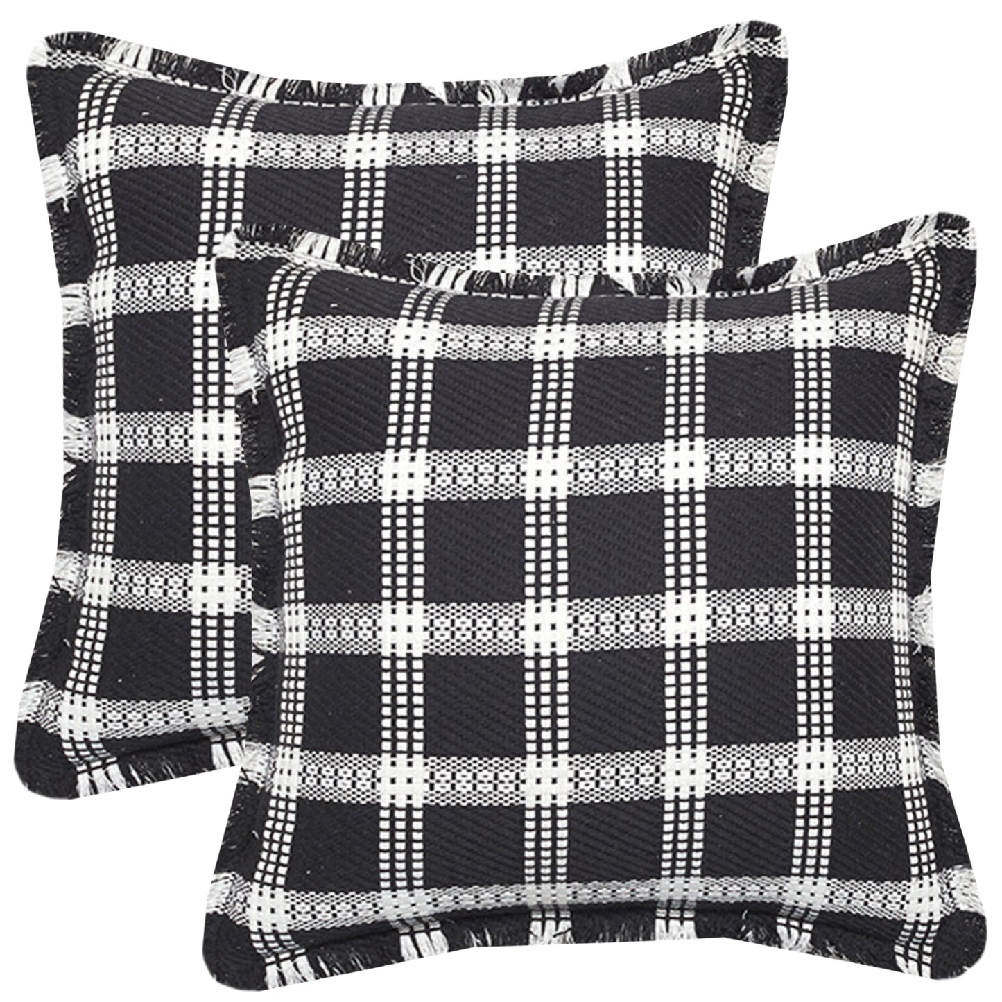 Neutral Plaid Pillow Covers 18x18 inch Set of 2 Tassel Decorative Cushion Covers