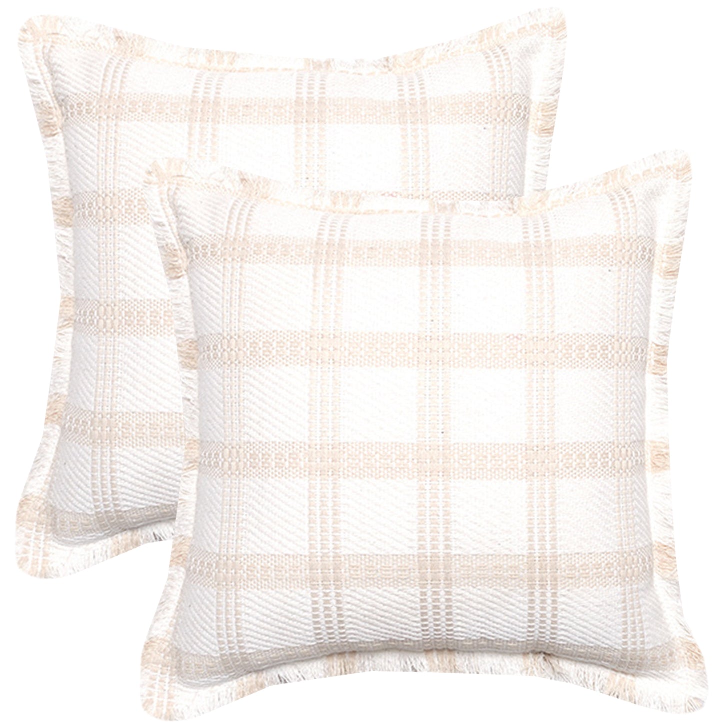 Neutral Plaid Pillow Covers 18x18 inch Set of 2 Tassel Decorative Cushion Covers