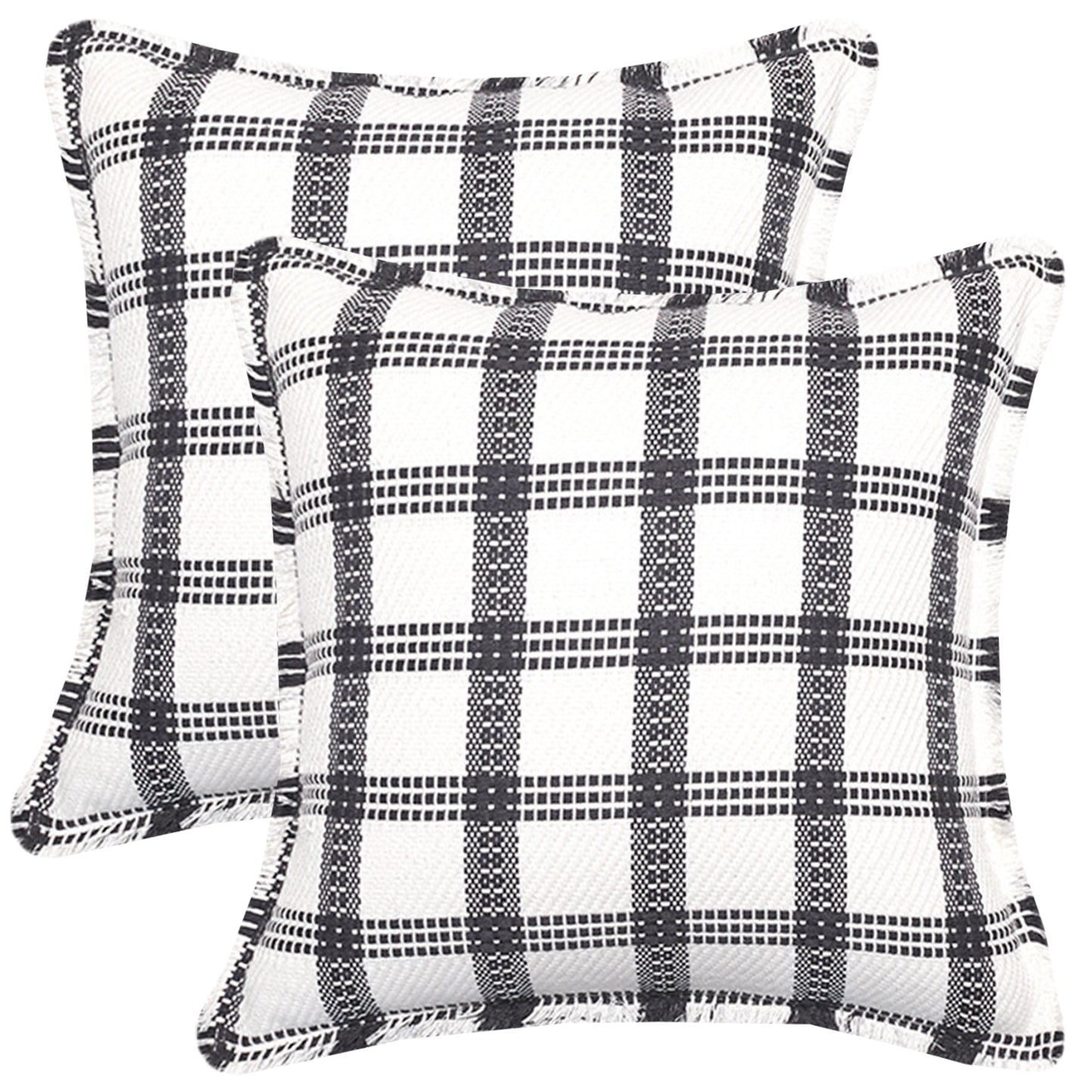 Neutral Plaid Pillow Covers 18x18 inch Set of 2 Tassel Decorative Cushion Covers