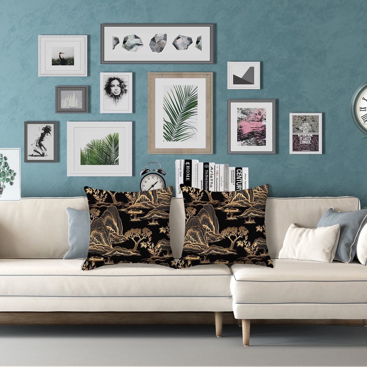 Chinoiserie Throw Pillow Covers 18x18 inch Set of 2 Black and Gold Pillow Cases Mountain Scenic Decorative Cushion Covers