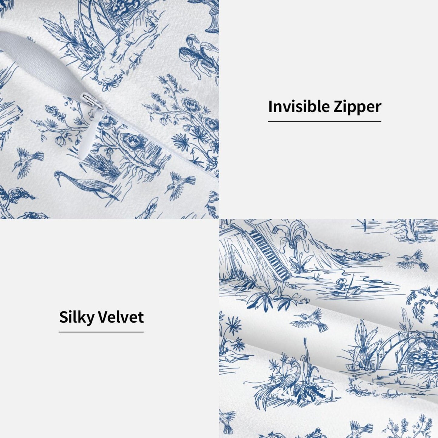 HOSTECCO Blue Toile Throw Pillow Covers 18x18 inch Set of 2 French Country Pillow Cases Bird Tree Chinoiserie Decorative Cushion Covers for Sofa Couch