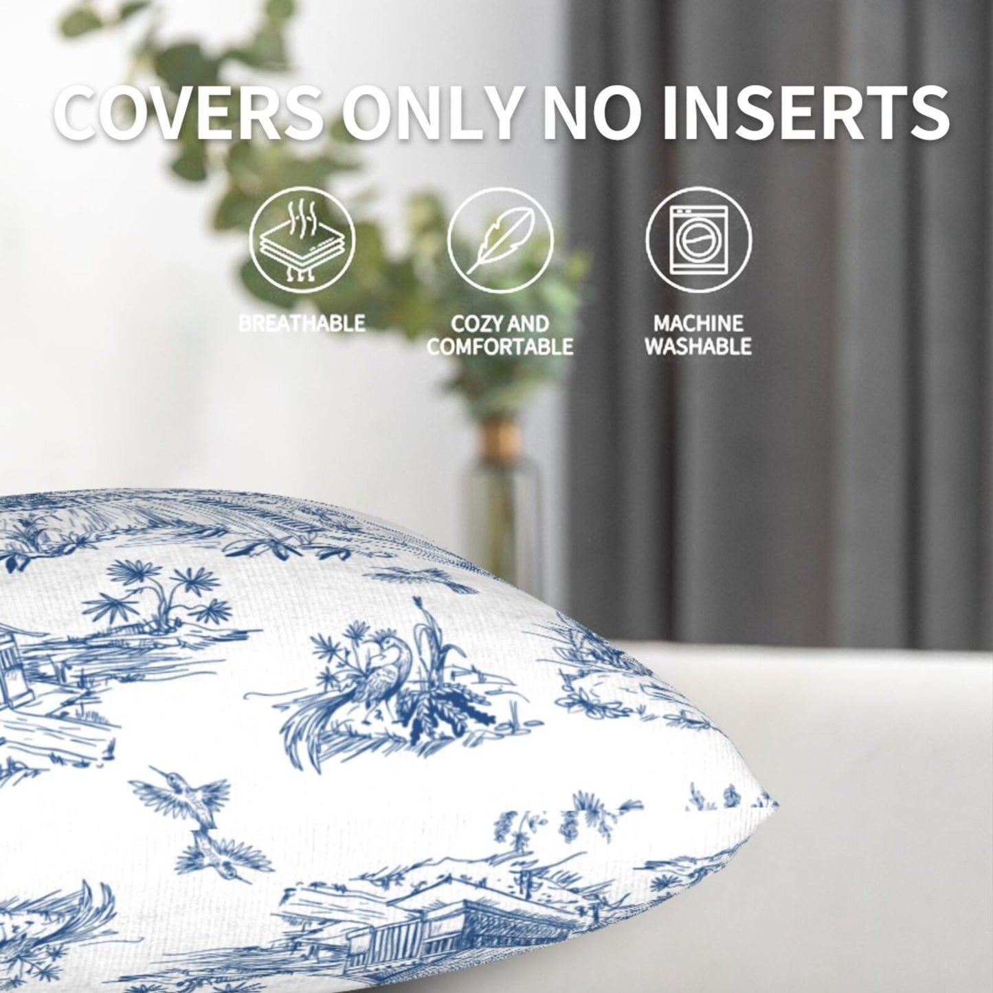HOSTECCO Blue Toile Throw Pillow Covers 18x18 inch Set of 2 French Country Pillow Cases Bird Tree Chinoiserie Decorative Cushion Covers for Sofa Couch
