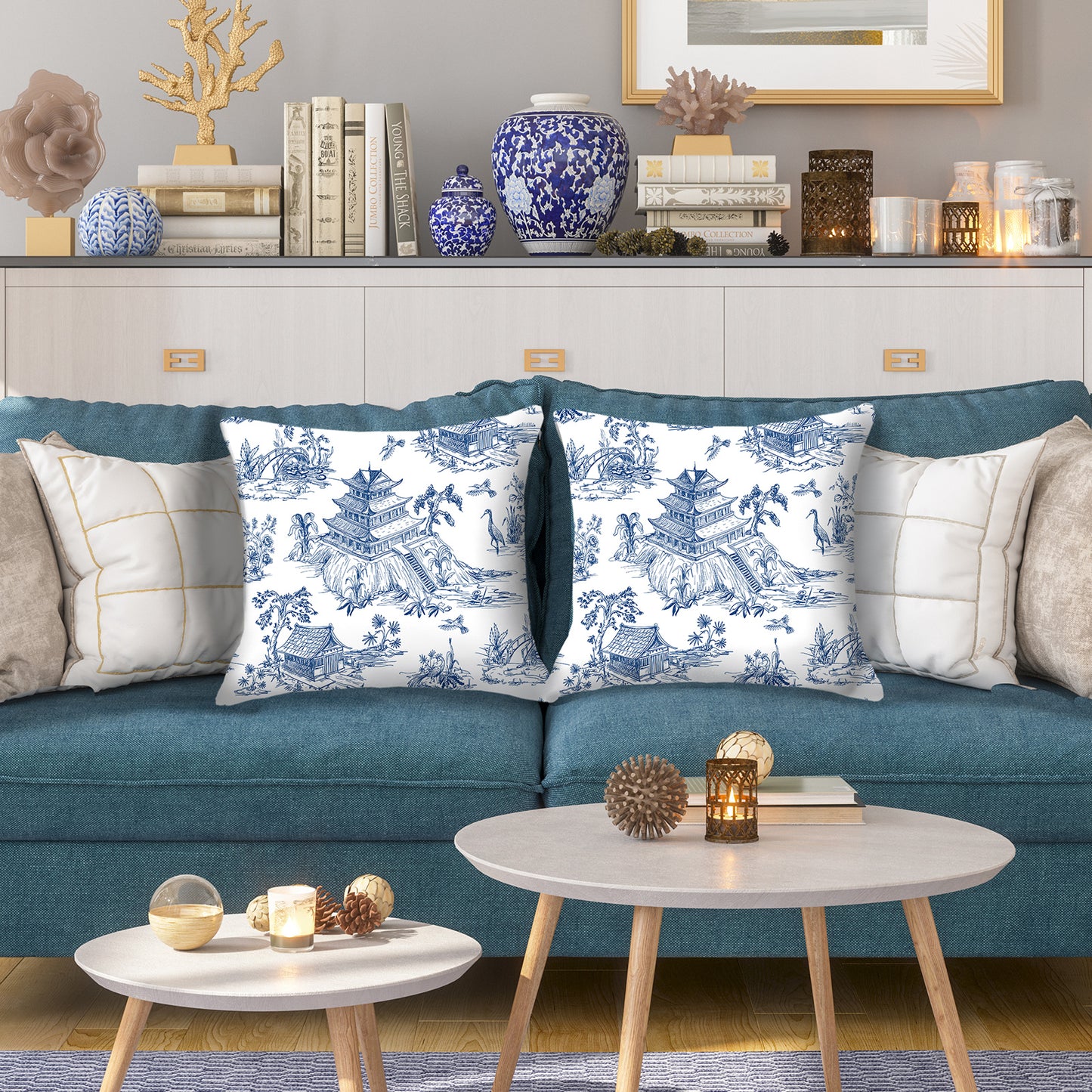 HOSTECCO Blue Toile Throw Pillow Covers 18x18 inch Set of 2 French Country Pillow Cases Bird Tree Chinoiserie Decorative Cushion Covers for Sofa Couch