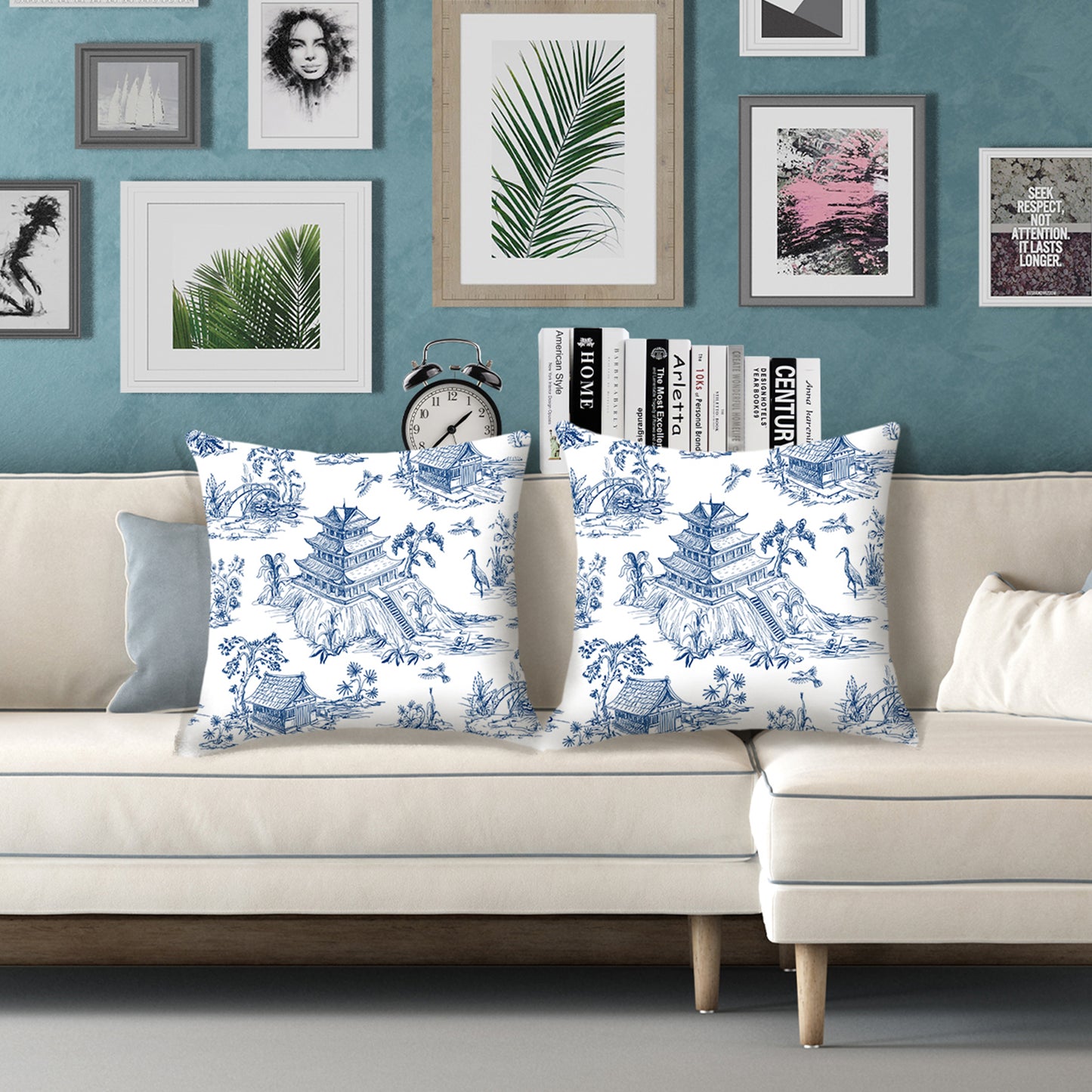 HOSTECCO Blue Toile Throw Pillow Covers 18x18 inch Set of 2 French Country Pillow Cases Bird Tree Chinoiserie Decorative Cushion Covers for Sofa Couch
