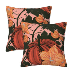 Set of two velvet pillow covers with black, coral and rust pumpkin and floral pattern