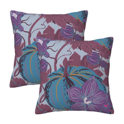 Set of two velvet pillow covers with plum, teal and lilac pumpkin and floral pattern