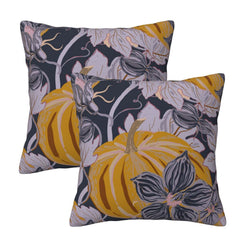 Set of two velvet pillow covers with charcoal, lilac and gold pumpkin and floral pattern