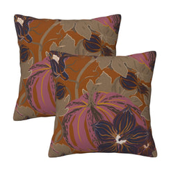 Set of two velvet pillow covers with brown, rust and plum pumpkin and floral pattern