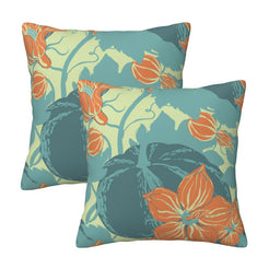 Set of two velvet pillow covers with aqua, teal and coral pumpkin and floral pattern