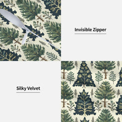 Hidden zipper and soft velvet detail on a green Christmas tree pillow cover
