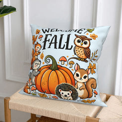 Light blue fall pillow cover from the welcome fall, books and squirrel designs set, styled on a chair