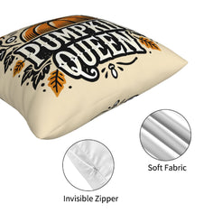 Hidden zipper and soft fabric on a cream fall pillow cover with Pumpkin Queen and retro fall designs