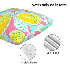 Pink and teal lemons with leaves velvet pillow cover showing soft fabric and hidden zipper