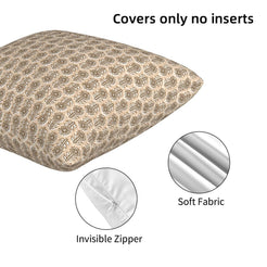 Close-up of hidden zipper and soft velvet texture on velvet pillow cover with small taupe block-print-inspired motifs