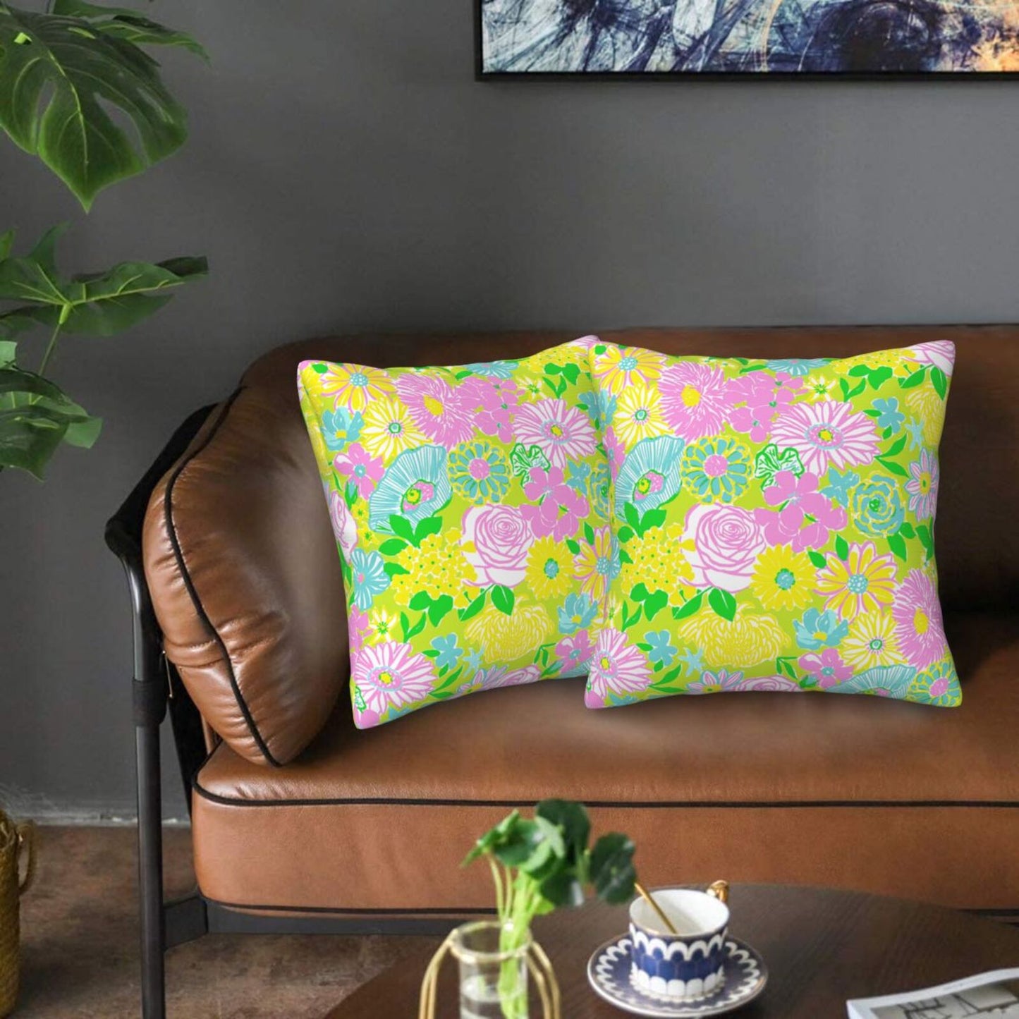 Preppy Floral Throw Pillow Covers 18x18 inch Set of 2 Back to School Decorative Cushion Covers for Students Girls