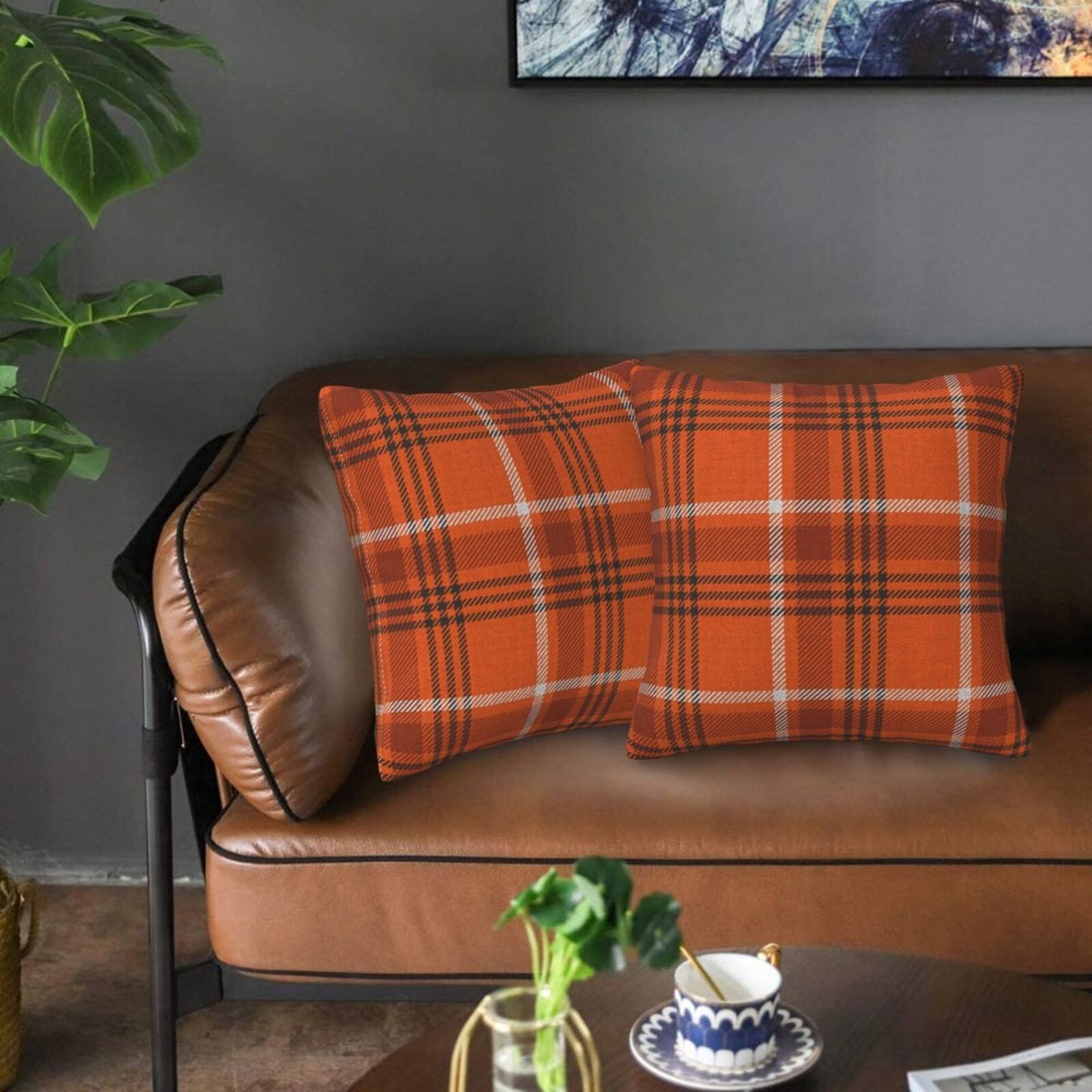 Fall Plaid Throw Pillow Covers 18x18 inch Set of 2 Autumn Orange and Black Decorative Cushion Covers