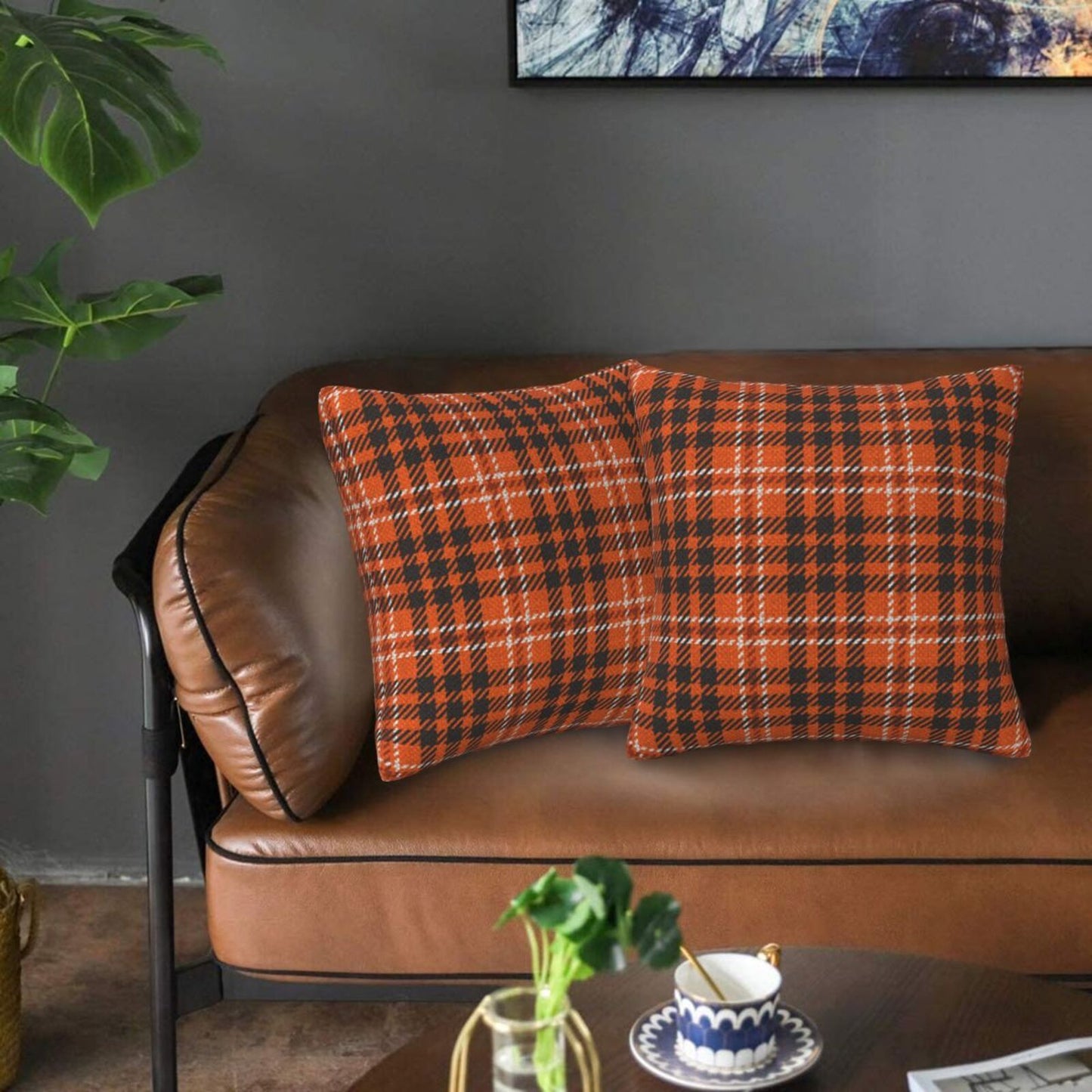Fall Plaid Throw Pillow Covers 18x18 inch Set of 2 Autumn Orange and Black Decorative Cushion Covers