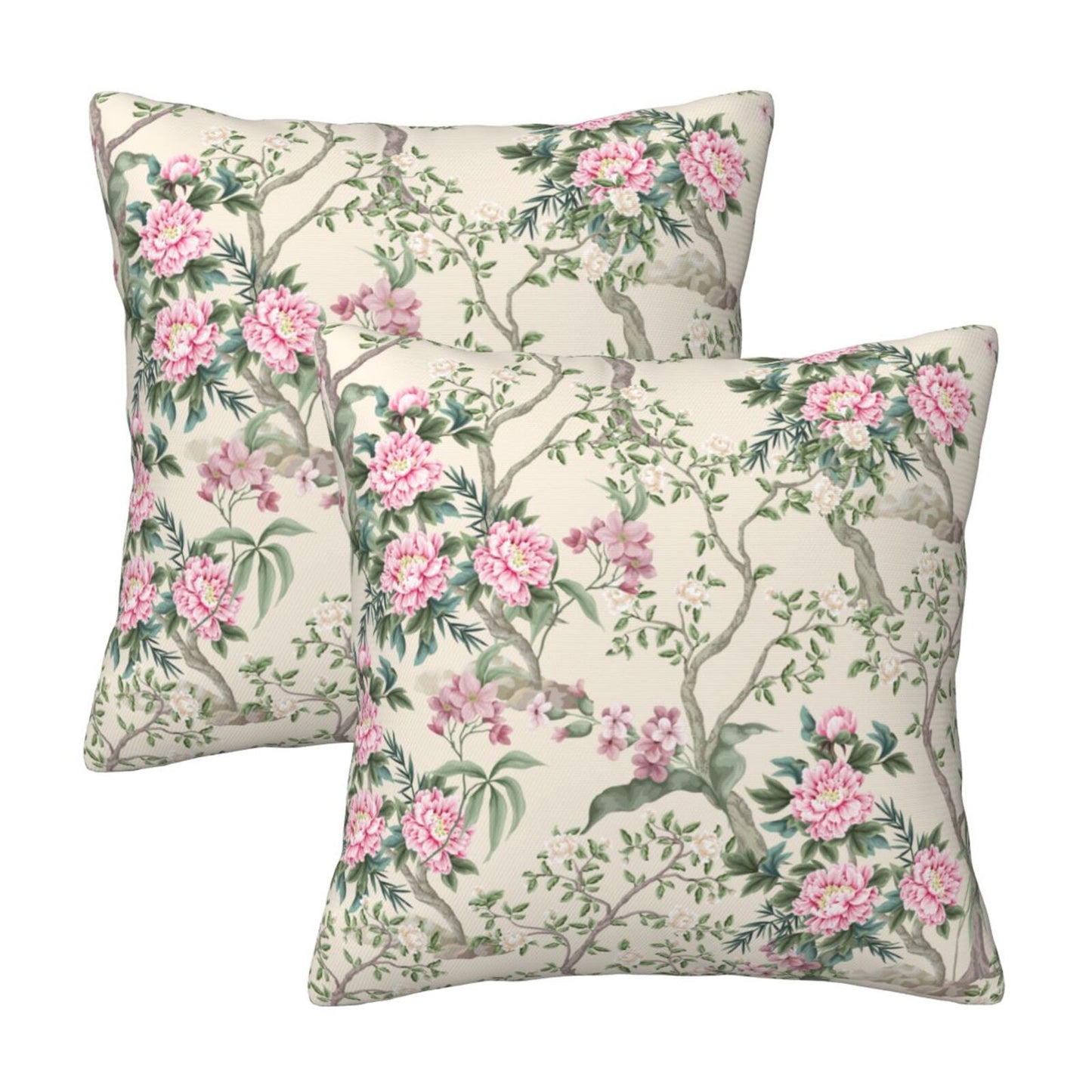 Floral Throw Pillow Covers 18x18 inch Set of 2 Chinoiserie Velvet Pillow Cases Peonies and Wild Flowers Decorative Cushion Covers
