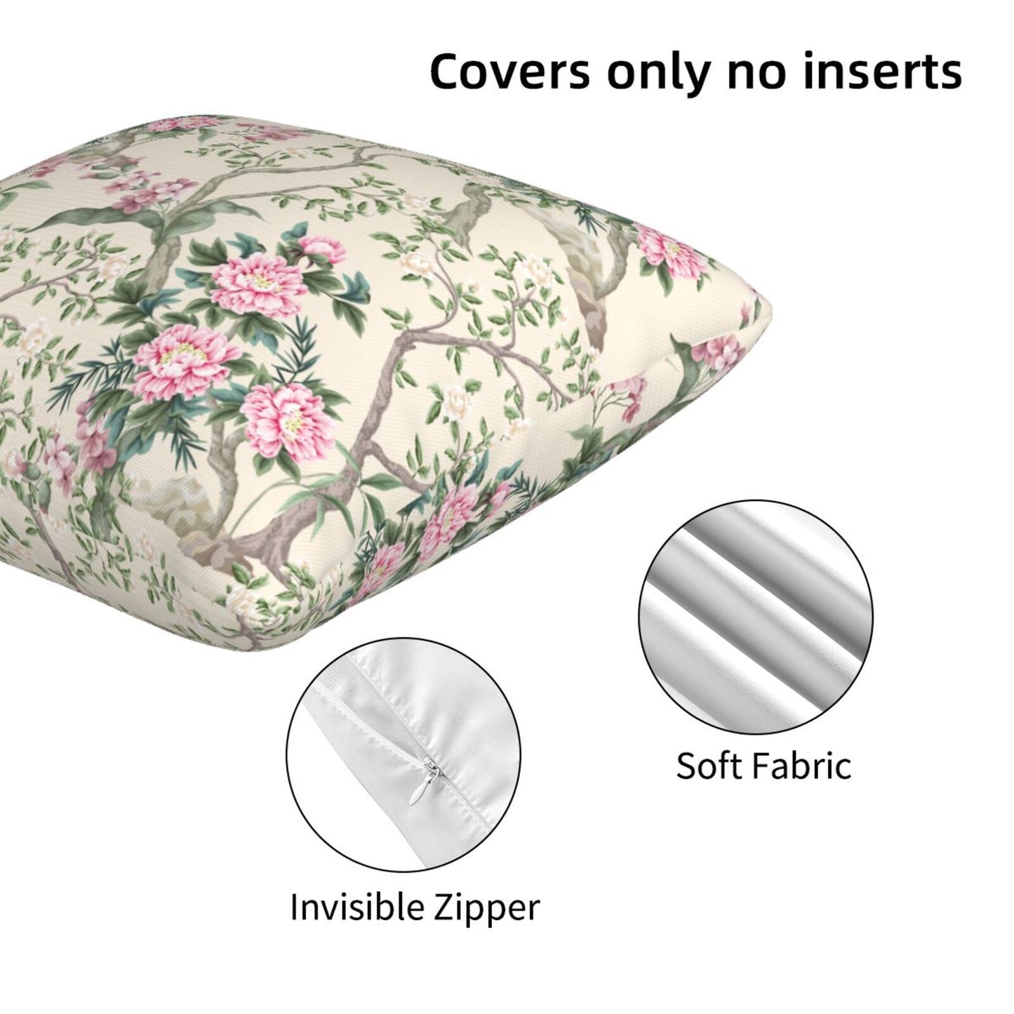 Floral Throw Pillow Covers 18x18 inch Set of 2 Chinoiserie Velvet Pillow Cases Peonies and Wild Flowers Decorative Cushion Covers