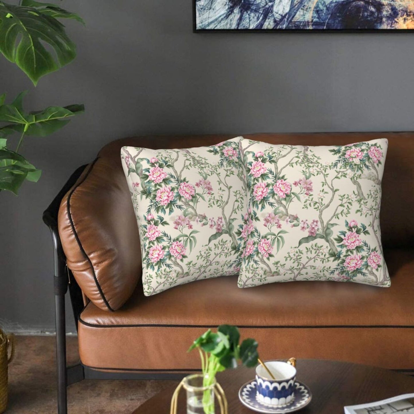 Floral Throw Pillow Covers 18x18 inch Set of 2 Chinoiserie Velvet Pillow Cases Peonies and Wild Flowers Decorative Cushion Covers