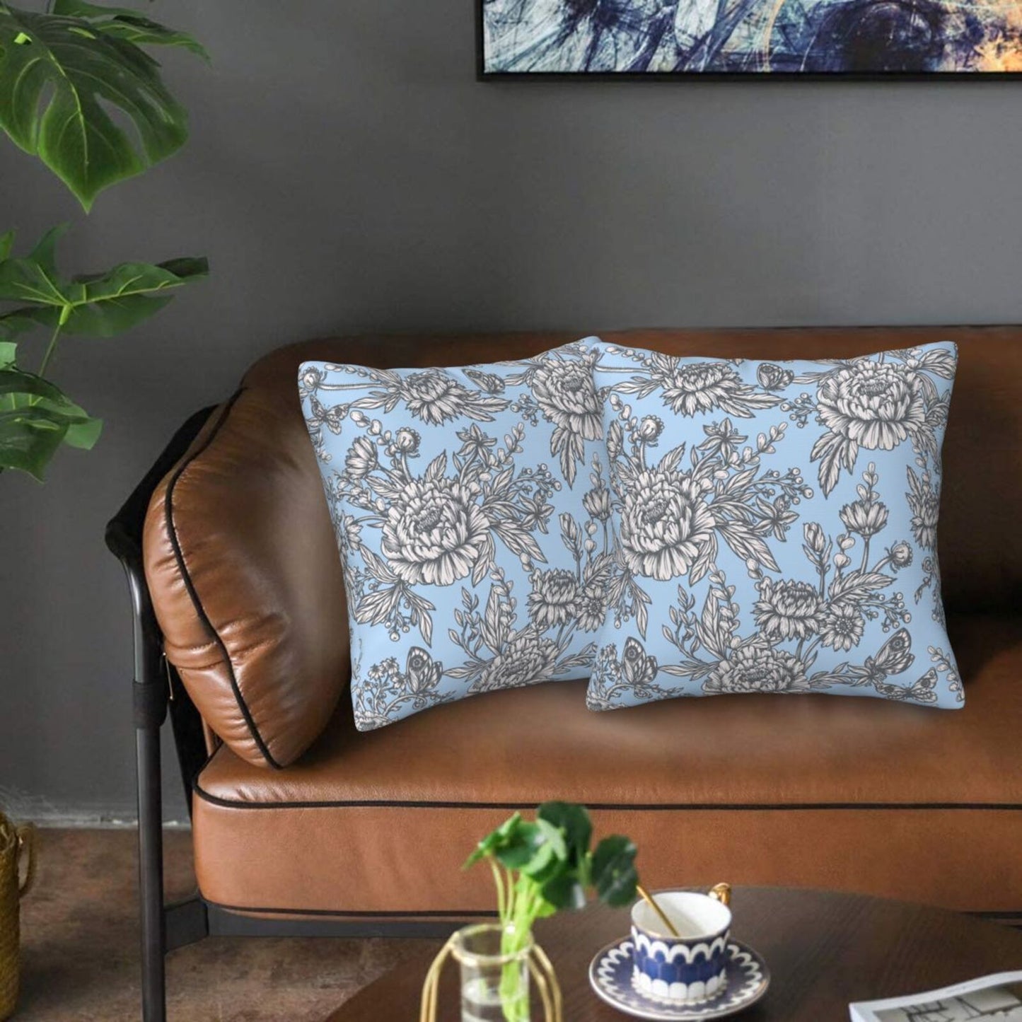 Floral Throw Pillow Covers 18x18 inch Set of 2 Chinoiserie Velvet Pillow Cases Peonies and Wild Flowers Decorative Cushion Covers