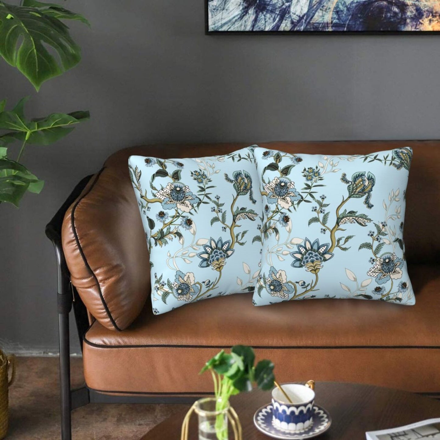 Floral Throw Pillow Covers 18x18 inch Set of 2 Chinoiserie Velvet Pillow Cases Peonies and Wild Flowers Decorative Cushion Covers