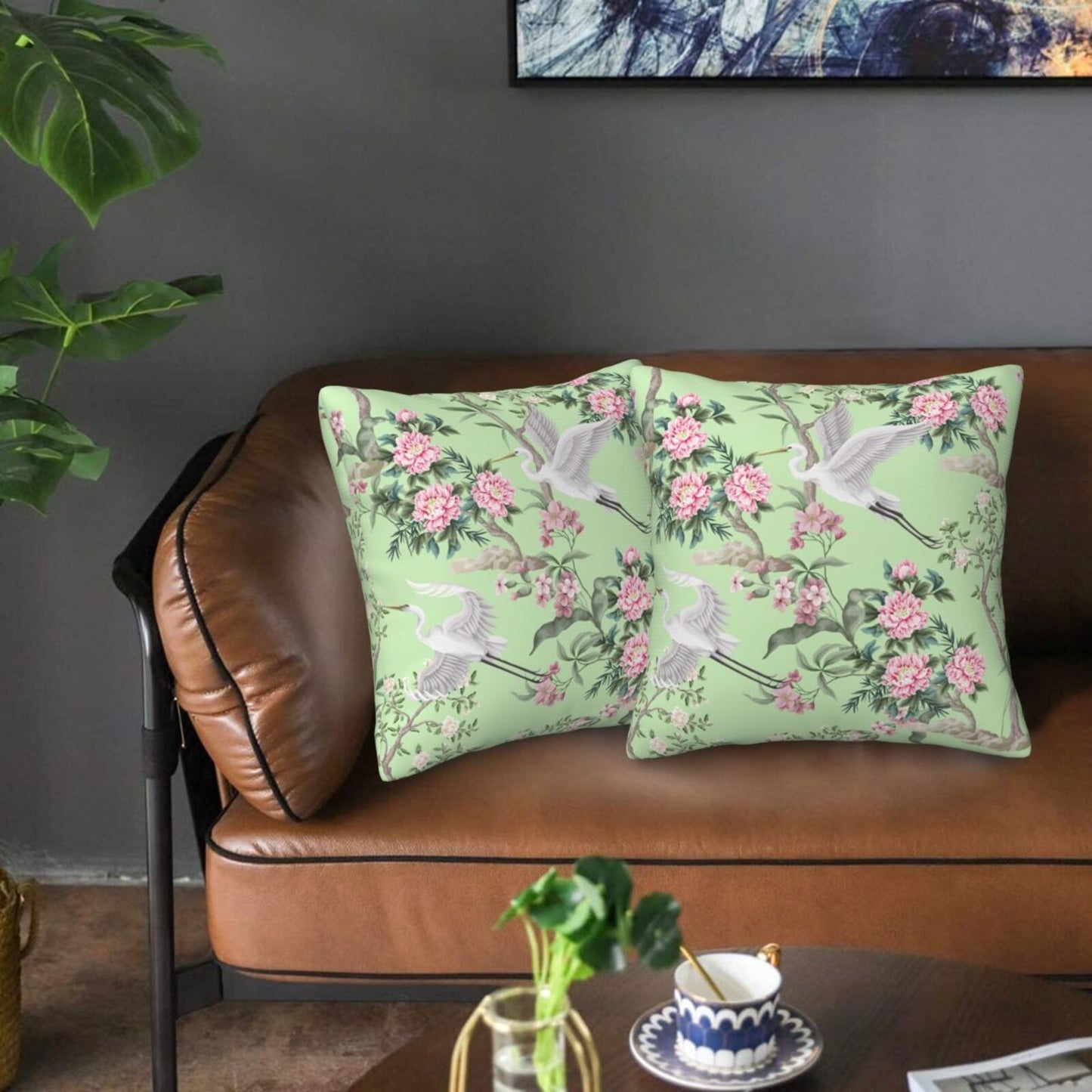 Floral Throw Pillow Covers 18x18 inch Set of 2 Chinoiserie Velvet Pillow Cases Peonies and Wild Flowers Decorative Cushion Covers