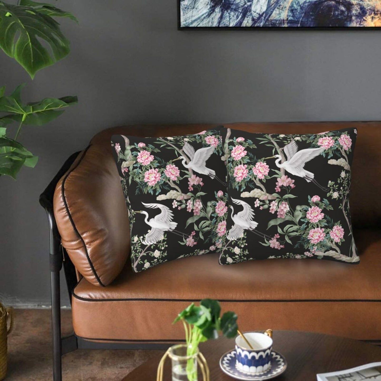 Floral Throw Pillow Covers 18x18 inch Set of 2 Chinoiserie Velvet Pillow Cases Peonies and Wild Flowers Decorative Cushion Covers