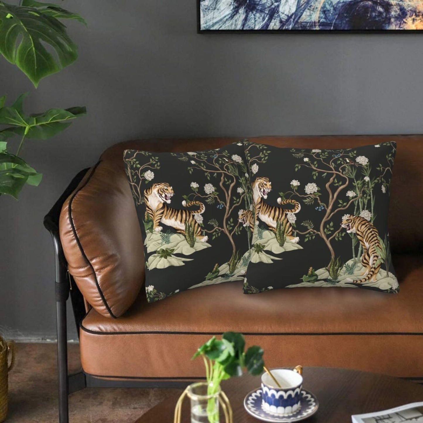 Floral Throw Pillow Covers 18x18 inch Set of 2 Chinoiserie Velvet Pillow Cases Peonies and Wild Flowers Decorative Cushion Covers