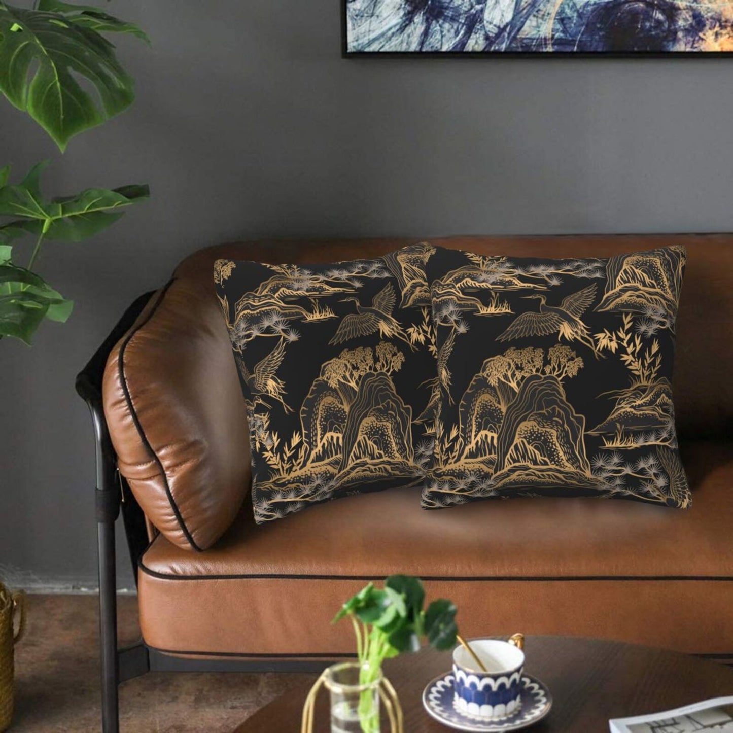 Floral Throw Pillow Covers 18x18 inch Set of 2 Chinoiserie Velvet Pillow Cases Peonies and Wild Flowers Decorative Cushion Covers
