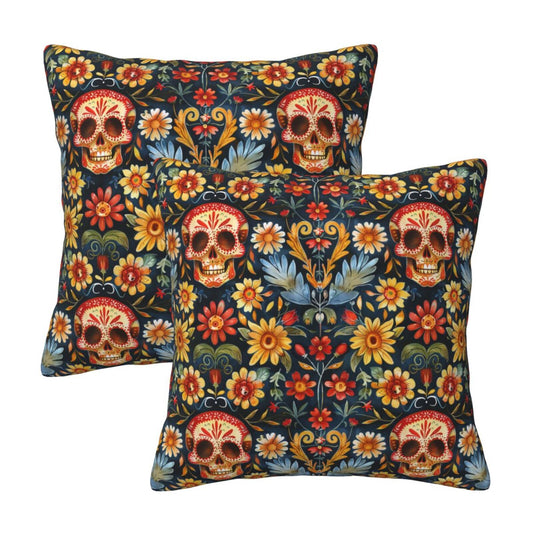 Mexican Throw Pillow Covers 18x18 inch Set of 2 Skull Flower Pillow Cases Ethnic Halloween Decorative Cushion Covers for Sofa Couch