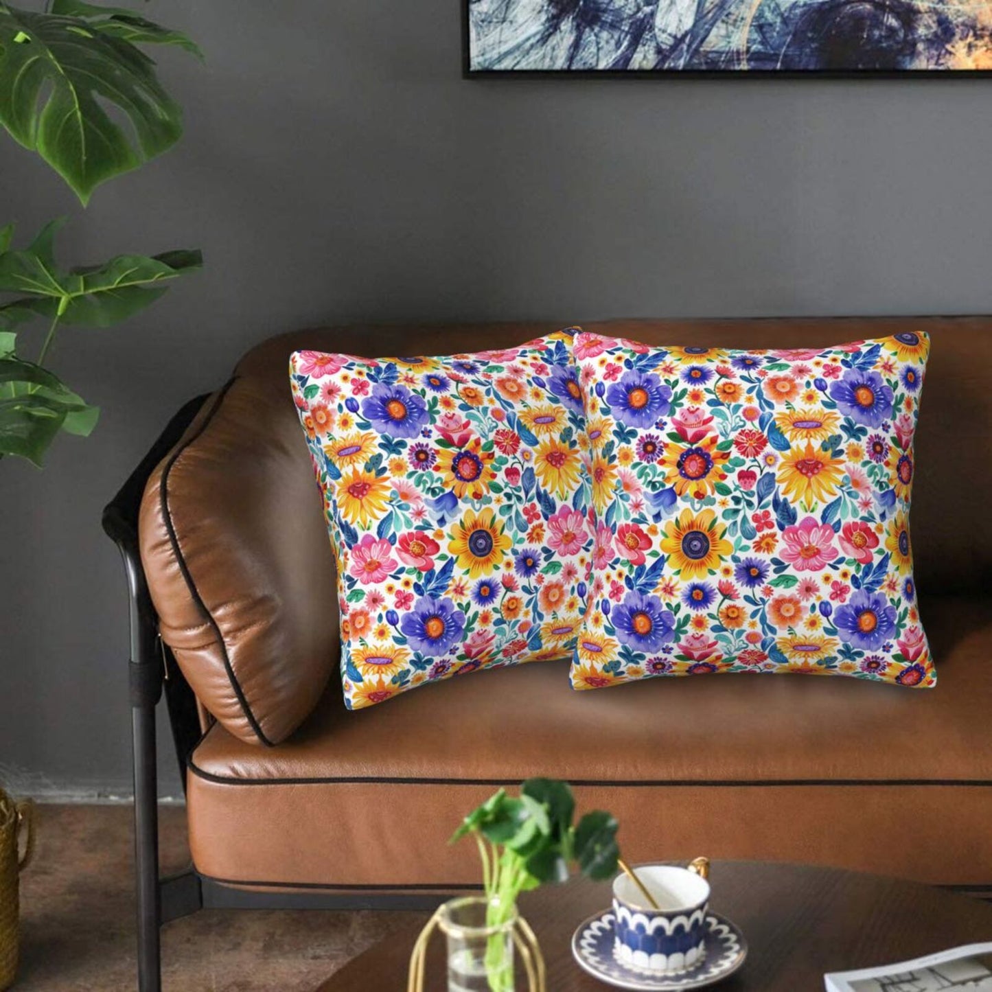 Mexican Throw Pillow Covers 18x18 inch Set of 2 Skull Flower Pillow Cases Ethnic Halloween Decorative Cushion Covers for Sofa Couch