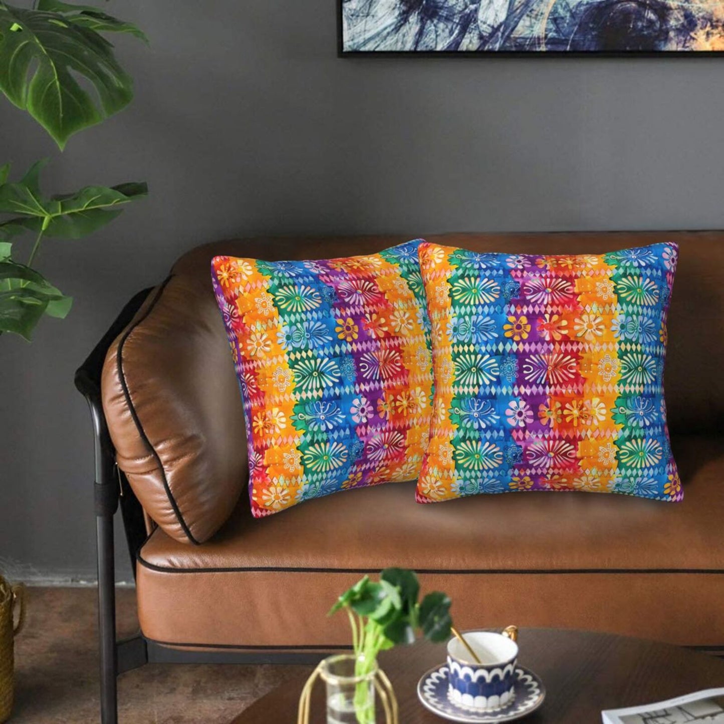 Mexican Throw Pillow Covers 18x18 inch Set of 2 Skull Flower Pillow Cases Ethnic Halloween Decorative Cushion Covers for Sofa Couch