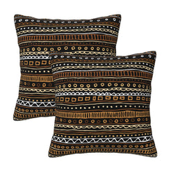 Set of two velvet pillow covers with black and brown linear symbols