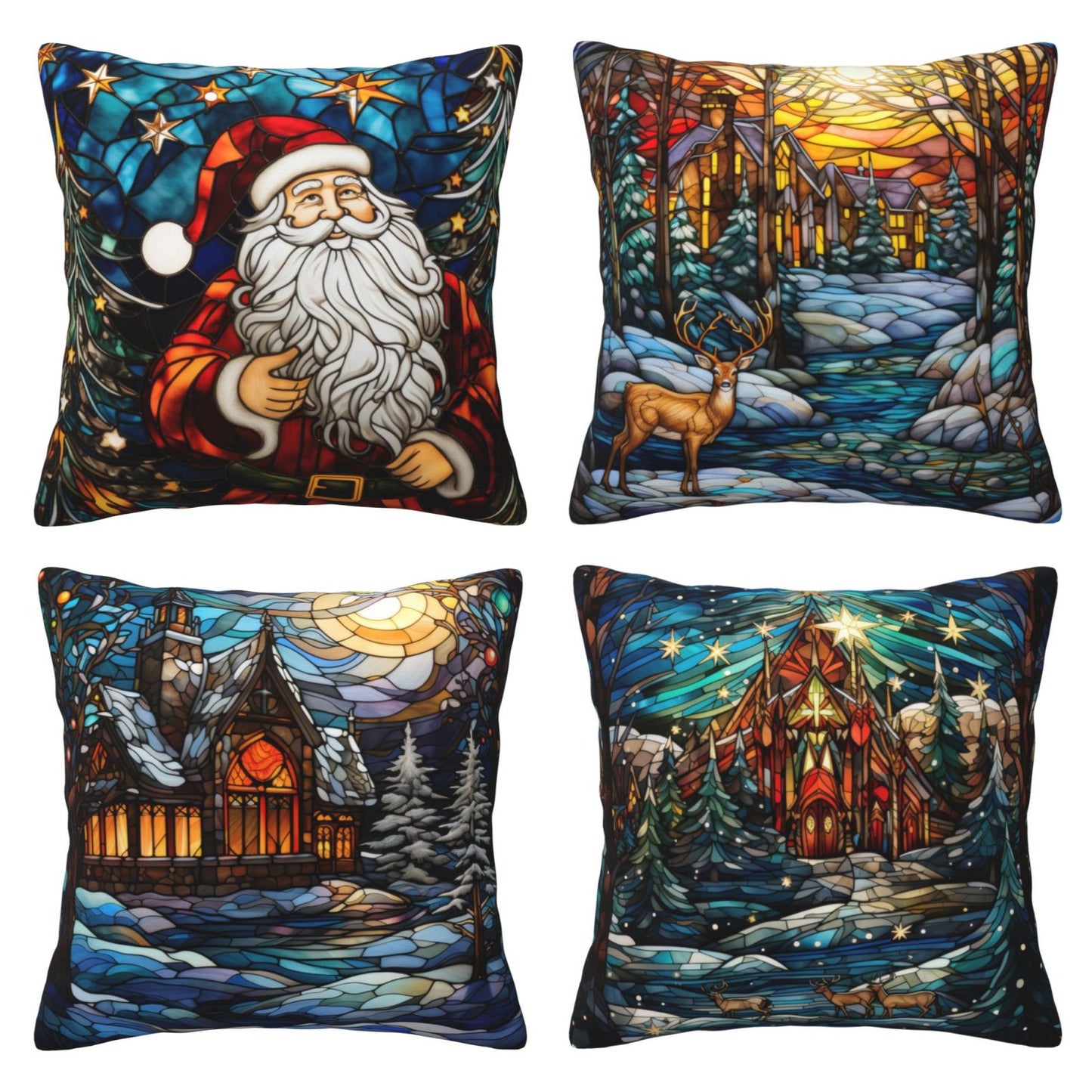 Christmas Throw Pillow Covers 18x18 inch Set of 4 Santa Deer Winter Holiday Pillow Cases Stained Glass Painting Decorative Cushion Covers