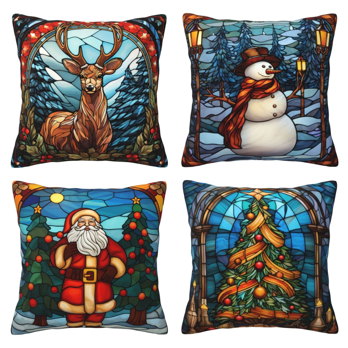 Christmas Throw Pillow Covers 18x18 inch Set of 4 Santa Deer Winter Holiday Pillow Cases Stained Glass Painting Decorative Cushion Covers