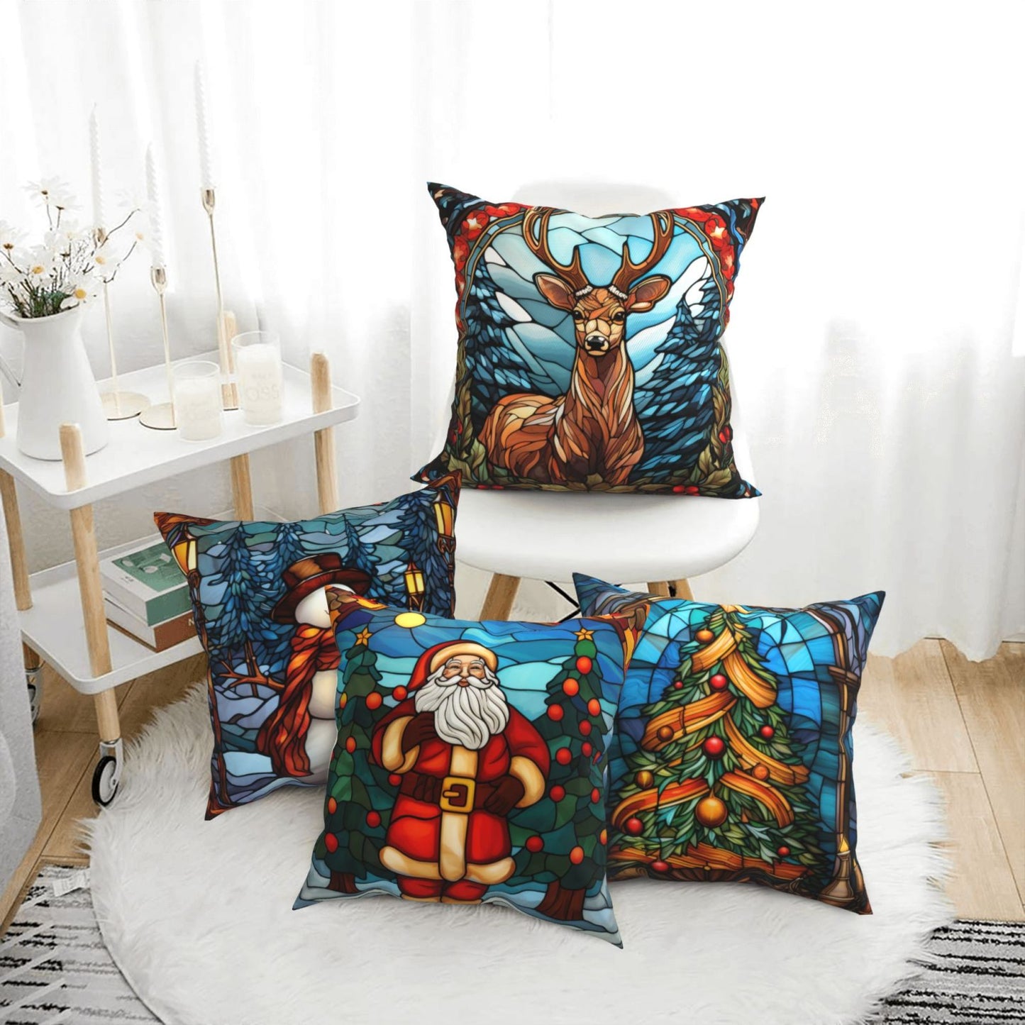 Christmas Throw Pillow Covers 18x18 inch Set of 4 Santa Deer Winter Holiday Pillow Cases Stained Glass Painting Decorative Cushion Covers