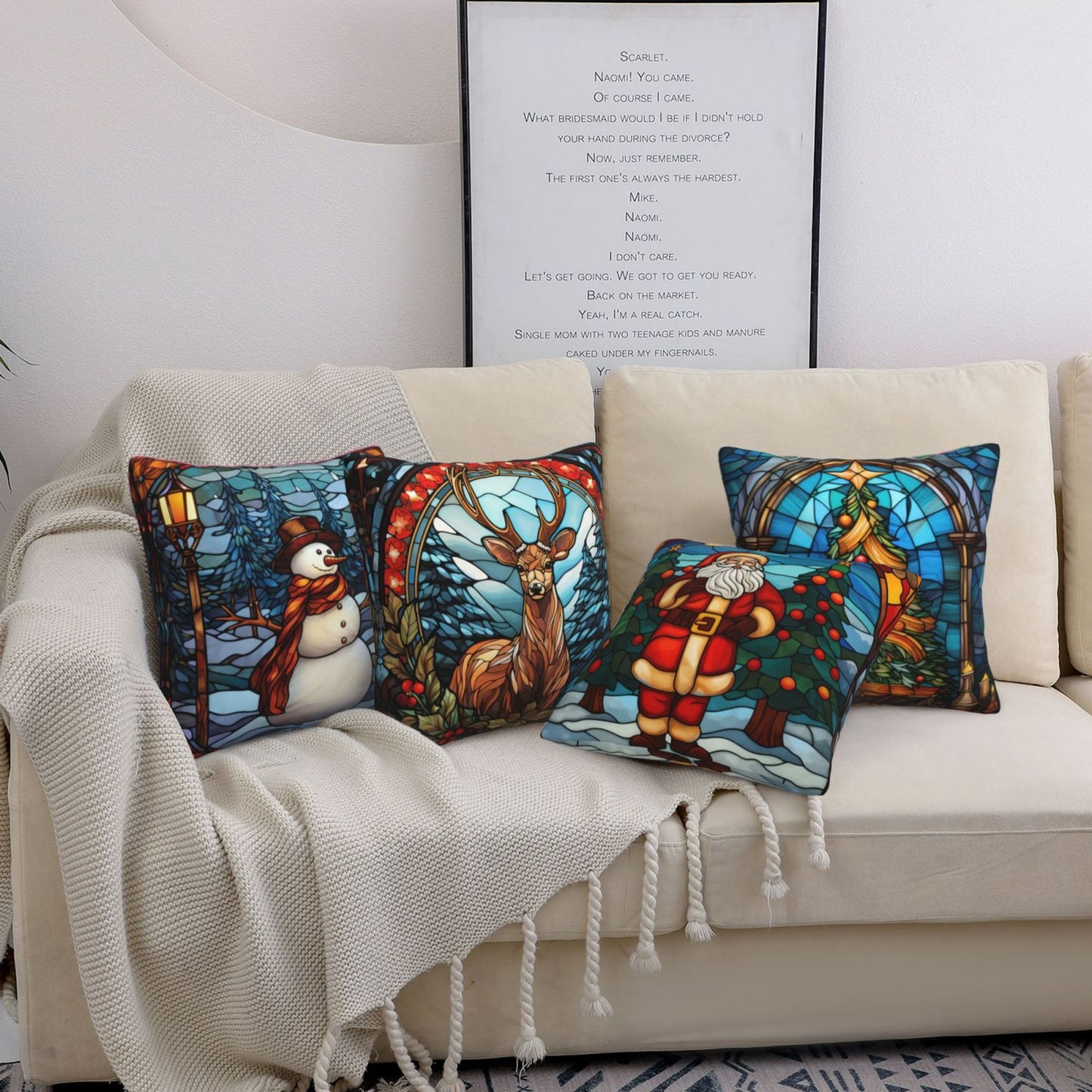 Christmas Throw Pillow Covers 18x18 inch Set of 4 Santa Deer Winter Holiday Pillow Cases Stained Glass Painting Decorative Cushion Covers